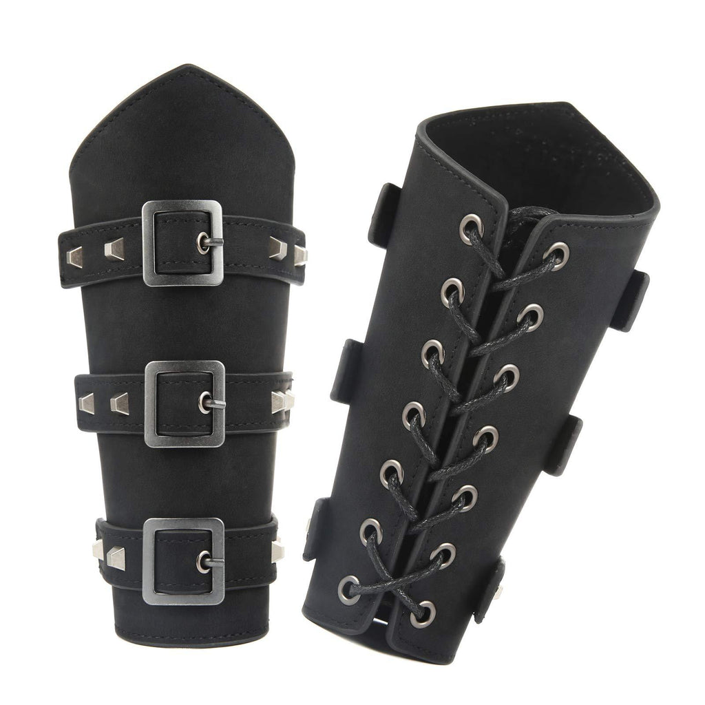 [Australia] - HZMAN Adults Faux Leather Arm Guards - Medieval Belt Leather Buckle Bracers - One Size - Leather Armband Pair Black 