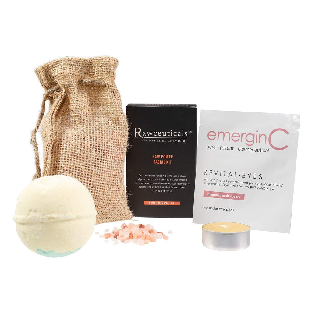 [Australia] - emerginC Scientific Rawceuticals At-Home Luxury Spa Kit - 5-Piece Skincare + Self Care Set - Raw Power Facial Kit, Revital-Eyes Mask, Essential Oil Bath Bomb, Himalayan Bath Salts + Beeswax Candle 