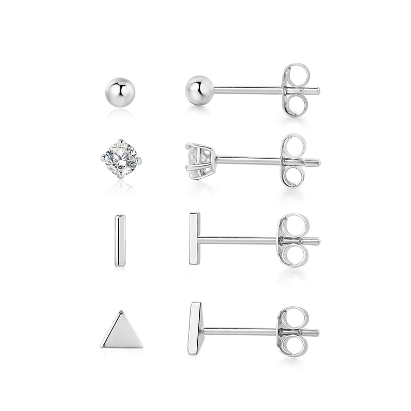 [Australia] - Sterling Silver Stud Earrings - 4 Pairs Small Silver Ball Earrings Triangle Stud Earrings Round CZ Earrings Bar Earrings Set Hypoallergenic Studs Cartilage 14K Earrings(3mm2&5mm2) 1Silver-4 pairs studs 