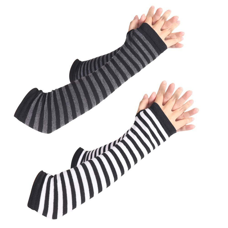 [Australia] - unisex Long Fingerless Gloves for Women Arm Warmers Knit Thumbhole Stretchy Gloves 2pairs（black-white/Black-gray） 