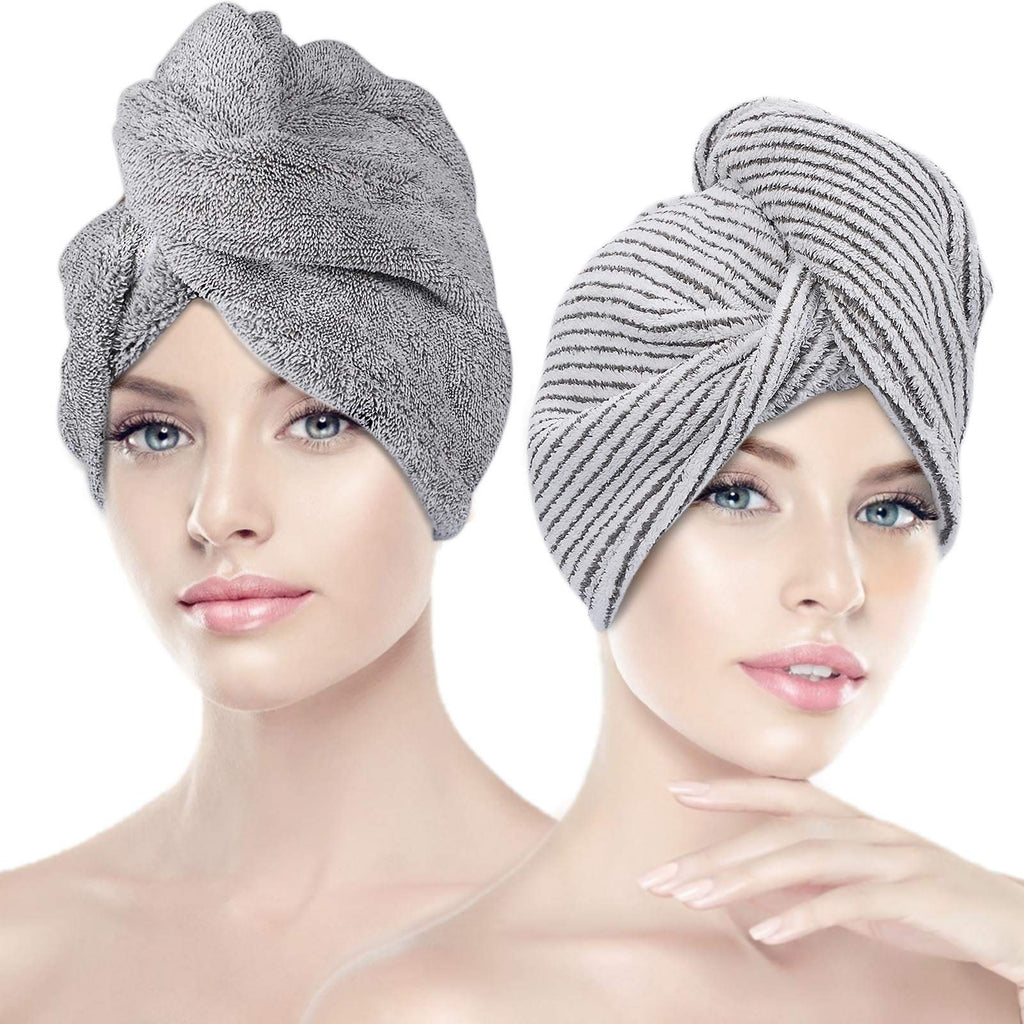 [Australia] - Hair Drying Towels, WantGor 2 Pack Microfiber Hair Towel Wrap Turban Quick Dryer Hat Fast Drying Hair Caps with Buttons for Women, 10 X 26 inch (Gray, Gray Stripes) A-gray, Gray Stripes 