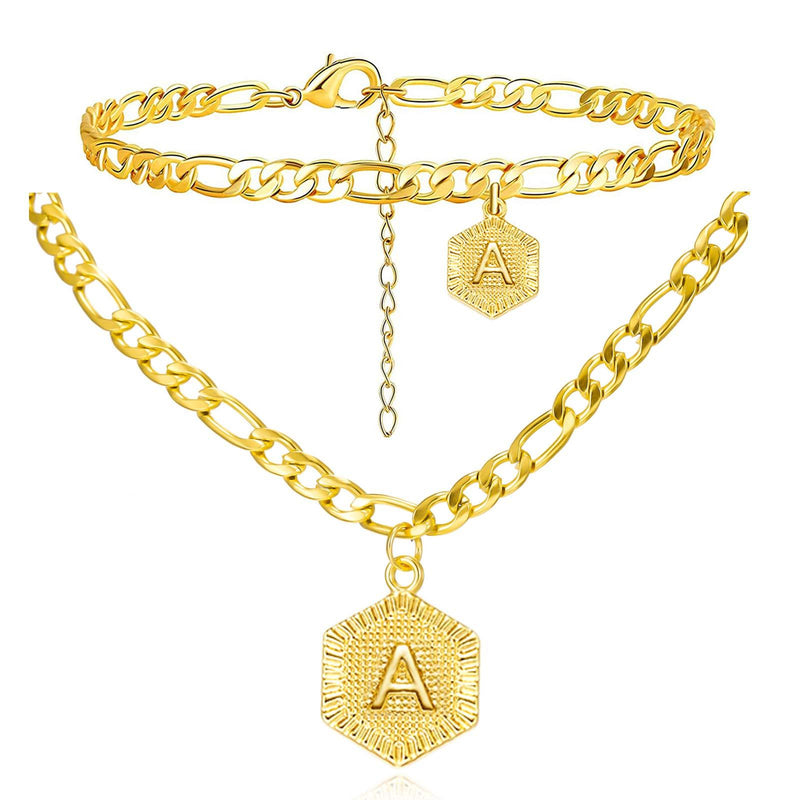 [Australia] - Harlermoon Initial Necklace Anklet Bracelet 18K Gold Plated Figaro Link Chain Bracelet Hexagon A-Z Monogram Letter Charms Jewelry Set for Women Girls 