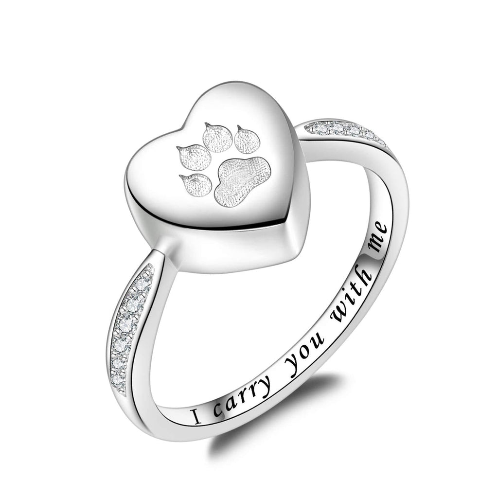 [Australia] - Fookduoduo 925 Sterling Silver Paw Print Urn for Ashes I Carry You with me Cremation Jewelry Dog Cat Claw Urn Finger Ring for Pet Lovers 6.5 