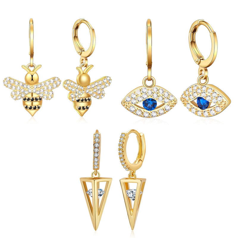 [Australia] - Ldurian Small Hoop Earrings, 14K Gold Plated Huggies, Sparkling CZ Charm Hoops, Dainty Dangle Ear Huggers, Delicate Women Jewelry, For Men Teen Girl (Leverback, Brass） 00 Combo Bee 