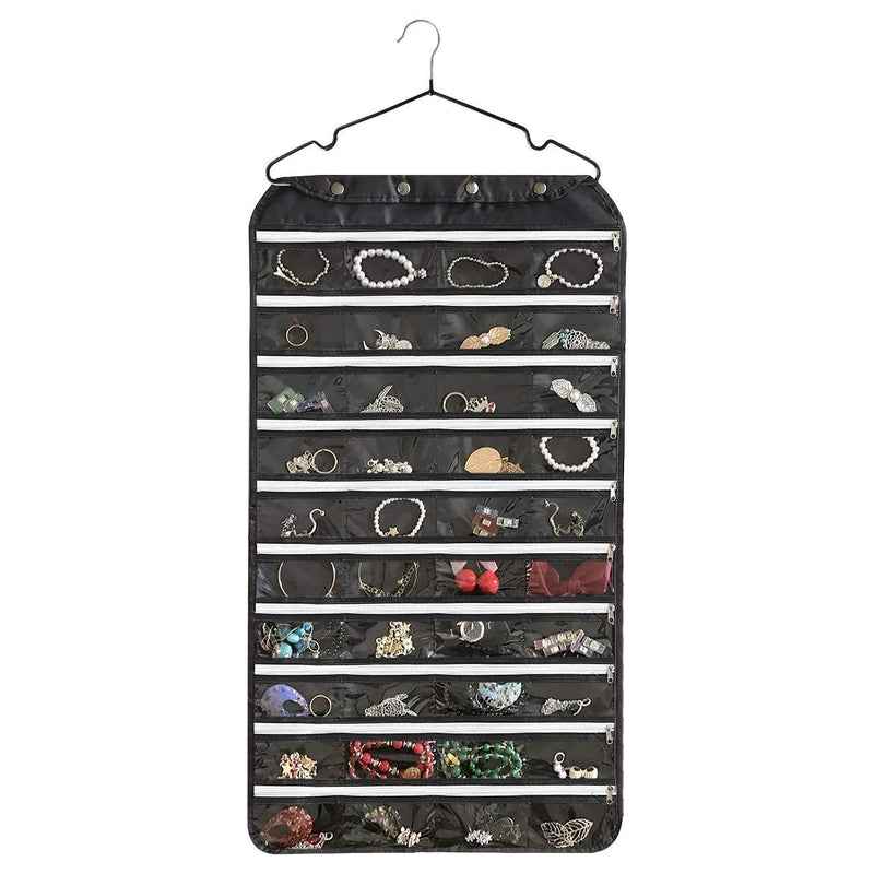 [Australia] - BB Brotrade Hanging Jewelry Organizer with Oxford Double Side 80 Zippered Storage Pocket (Black) Black-1 