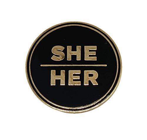 [Australia] - She Her Pronoun Pin Black and Gold Circular Hard Enamel Pronoun Button Badge 