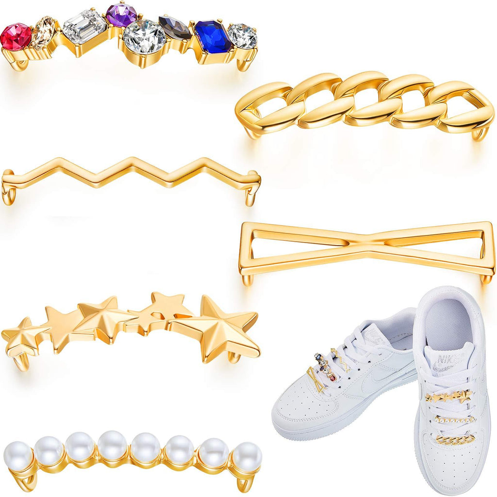 [Australia] - 6 Pieces Shoelaces Decoration Clips Faux Pearl Rhinestones Shoes Accessory Decorations DIY Decorative Shoe Clips Charms Golden Shoelaces Decorations for Sneakers and Casual Shoes Classic Style 