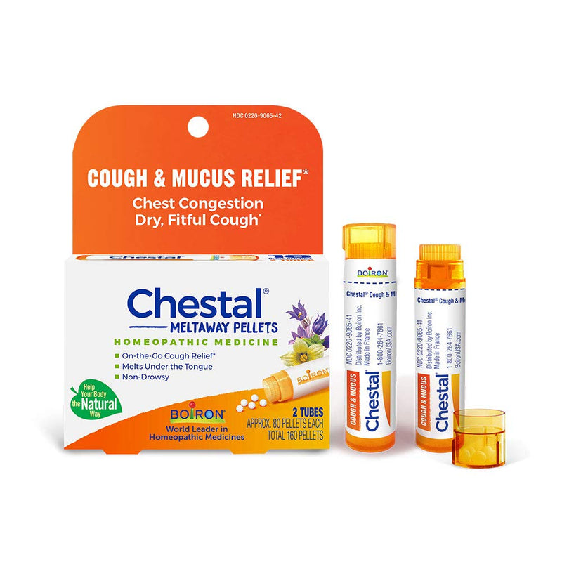 [Australia] - Boiron Chestal Pellets for Cough and Mucus Relief, Nasal or Chest Congestion, and Sore Throat Relief - 2 Count (160 Pellets) 80 Count (Pack of 2) Tubes 