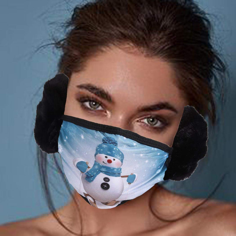 [Australia] - Brinote Christmas Warm Ears Mouth Cover Blue Snowman Mouth Covering Washable Cotton Fave Cover for Women and Man 
