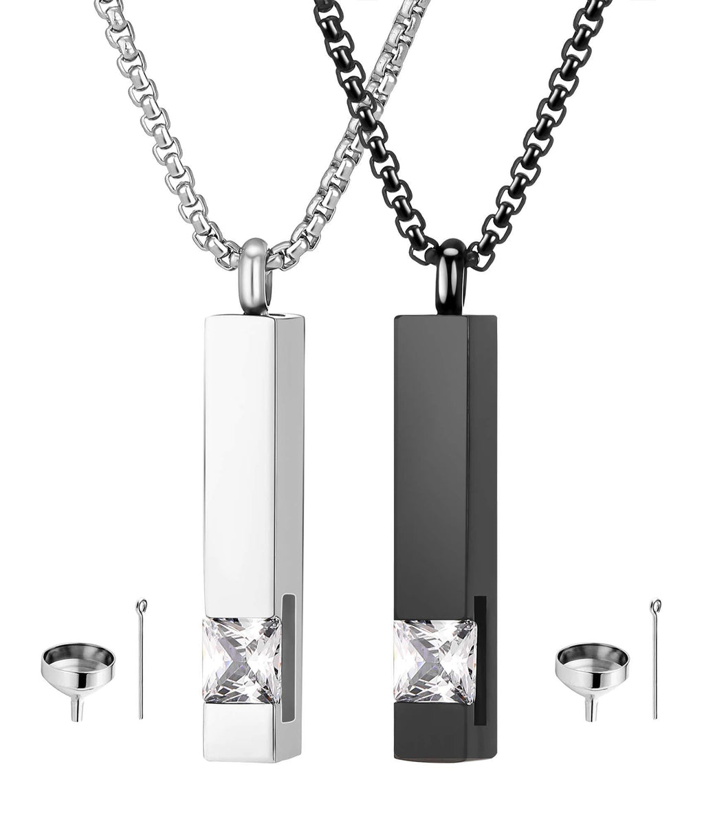 [Australia] - 2 Pcs Urn Necklaces for Ashes Memorial Cremation Urn Necklace Stainless Steel Black Silver Tone Bar Pendant Necklace Ashes Keepsake Jewelry With Cubic Zirconia 2Psc/Set,Black and Silver Neckalces 