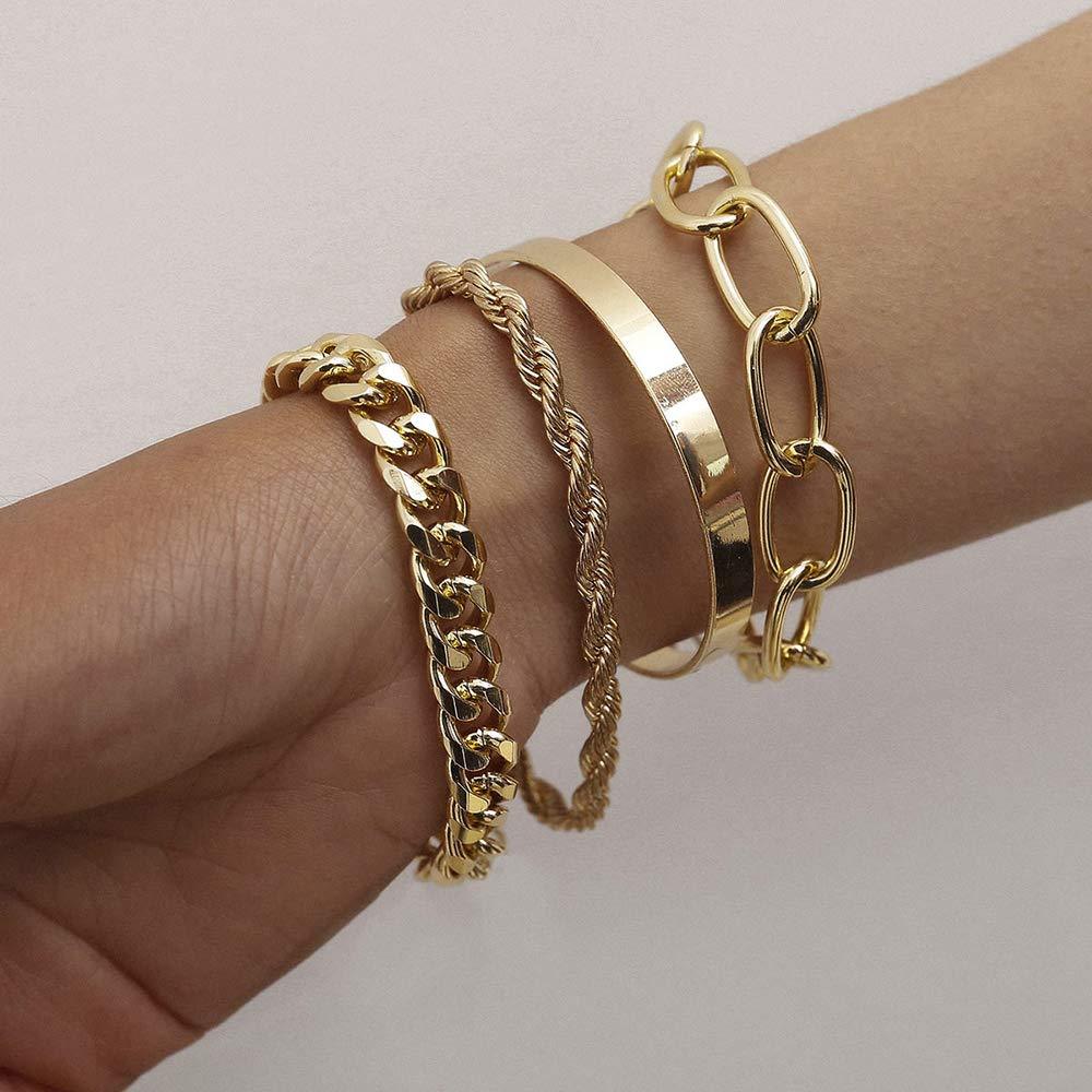 [Australia] - fxmimior Dainty Boho Gold Silver Chain Bracelets Set for Women Adjustable Fashion Beaded Chunky Flat Cable Chain Punk Bracelets Jewelry for Women Girls Gift Set of 4 (Gold) 