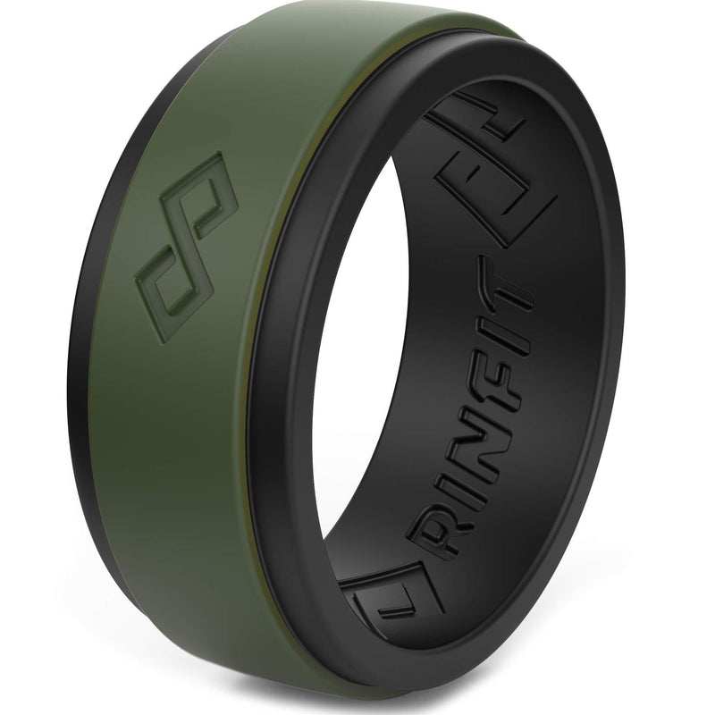 [Australia] - Rinfit Silicone Wedding Ring for Men, 1/3/4/7 Rings Packs, Step Edge Design Silicon Rubber Mens Wedding Band Sizes 7-14 Black & Army Green 