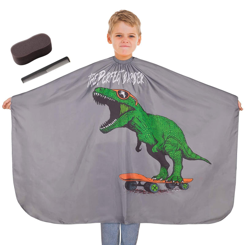 [Australia] - MHJY Kids Haircut Barber Cape Cover with Sponge Brush and Comb,Dinosaur Hair Cutting Apron for Boys with Adjustable Closure Gray 