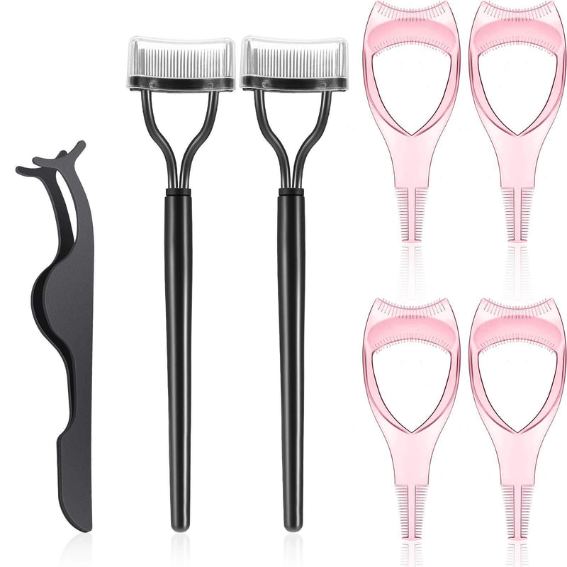 [Australia] - 7 Pieces Eyelash Makeup Tool Set, Mascara Applicator Guide Tool, Eyelash Comb Curler Eyelash Separator, Eyelash Extension Tweezers for Women Girls Lash Eyelash Tools (Black, Pink) Black, Pink 