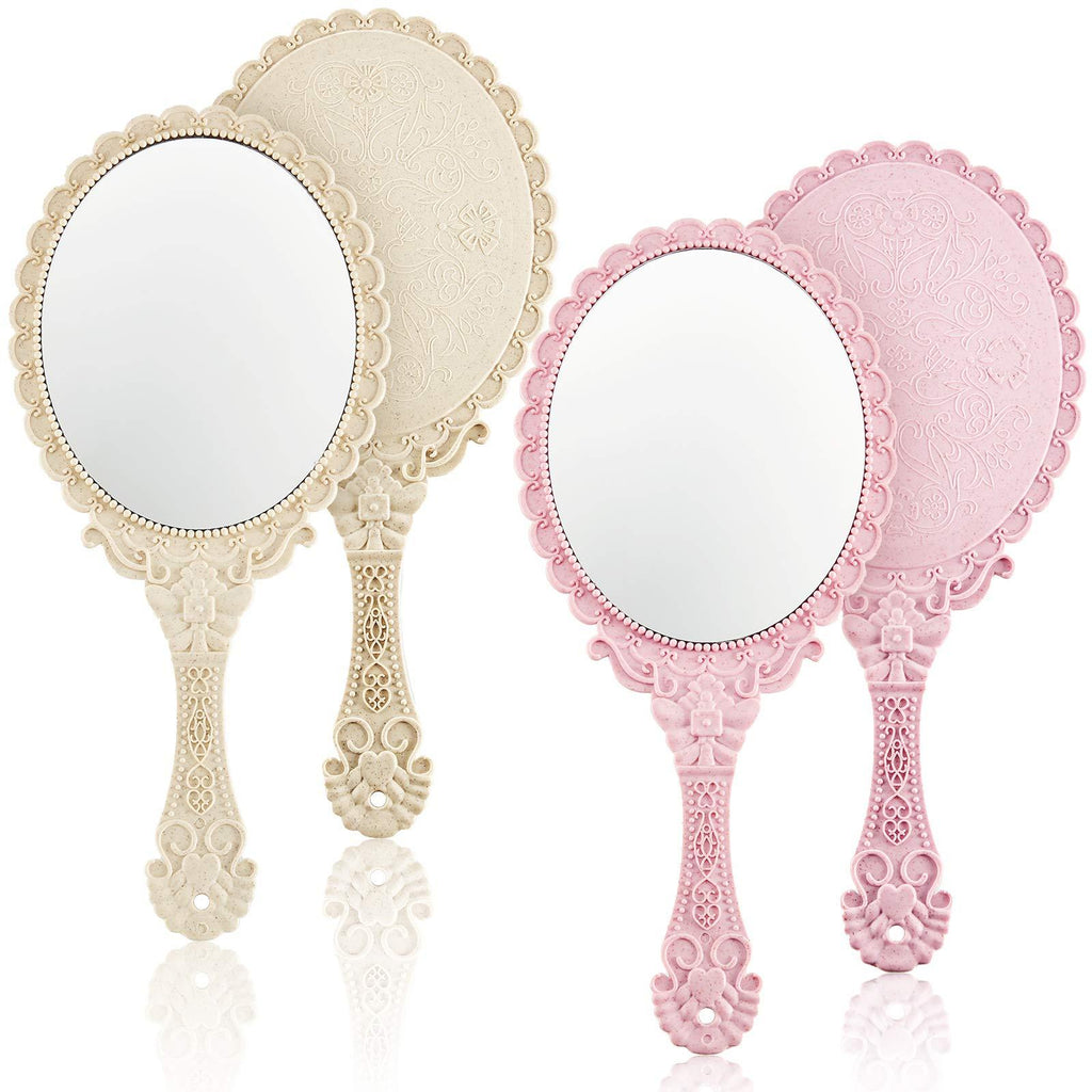 [Australia] - 2 Pieces Vintage Handheld Mirror Portable Embossed Flower Mirror Hand Held Decorative Mirrors Compact Mirror with Handle for Face Makeup Travel Personal Cosmetic Salon Mirror (Pink, Cream) Pink, Cream 