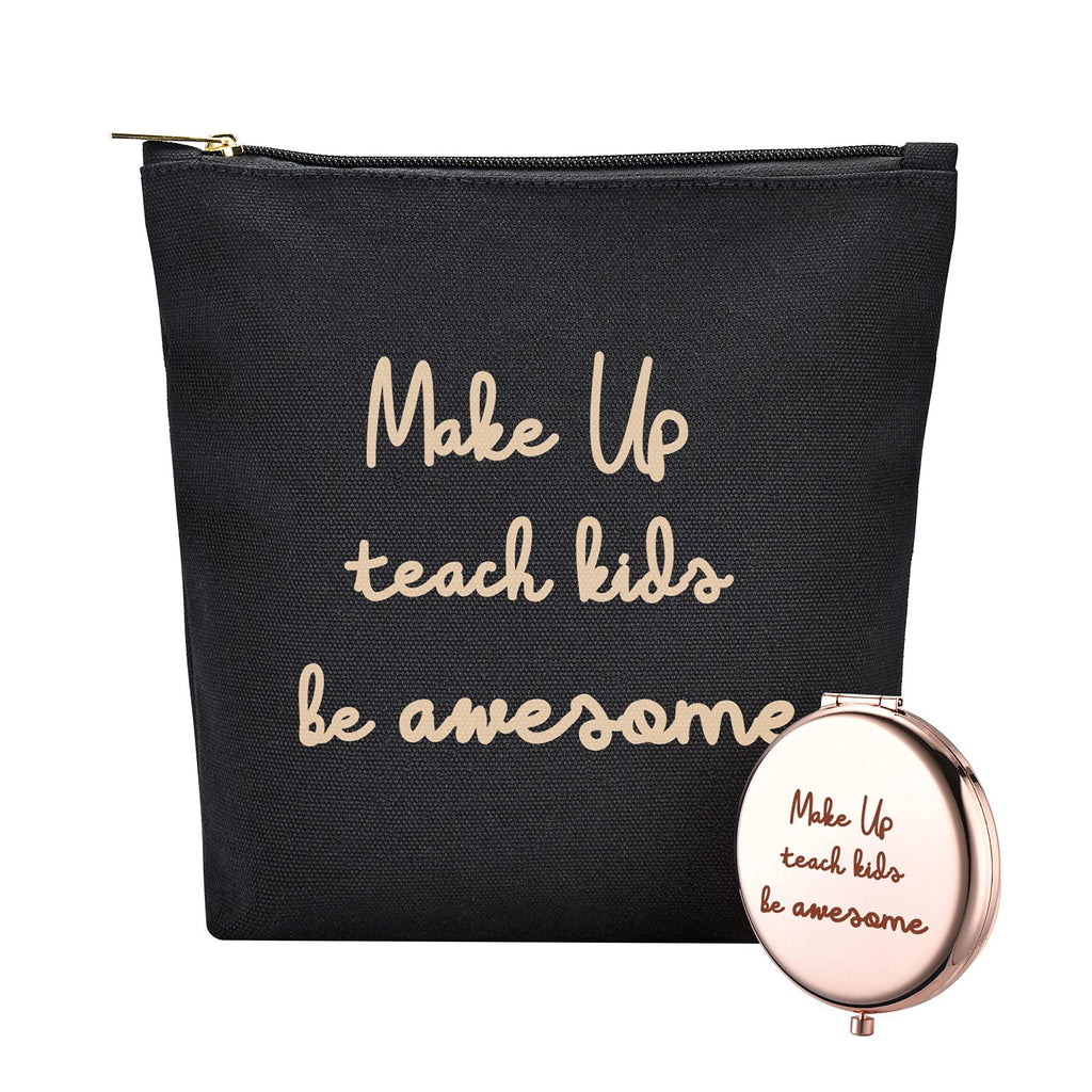 [Australia] - Make Up Teach Kids Be Awesome -Gift For Teacher Mom Wife -Makeup Bag And Rose Gold Mirror Gift -Set Of 2 