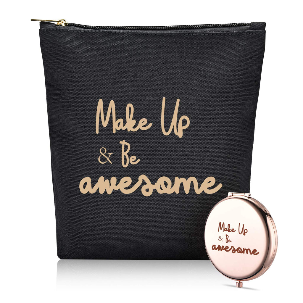 [Australia] - Make Up & Be Awesome -Birthday Gift For Sisters Friend Mom Wife -Makeup Bag And Rose Gold Mirror Gift -Set Of 2 