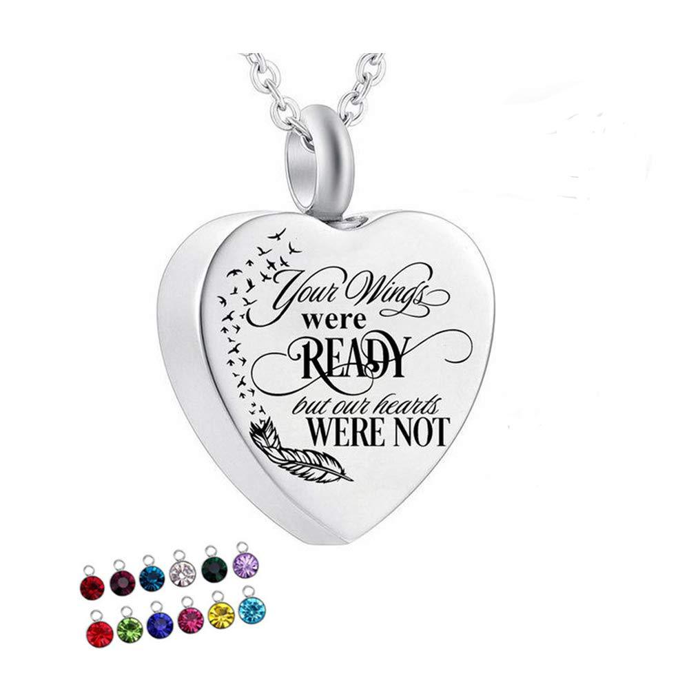 [Australia] - Vanski Heart Cremation Urn Necklace for Ashes with 12 Birthstones Memorial Pendant - Your Wings were Ready But My Heart were Not 