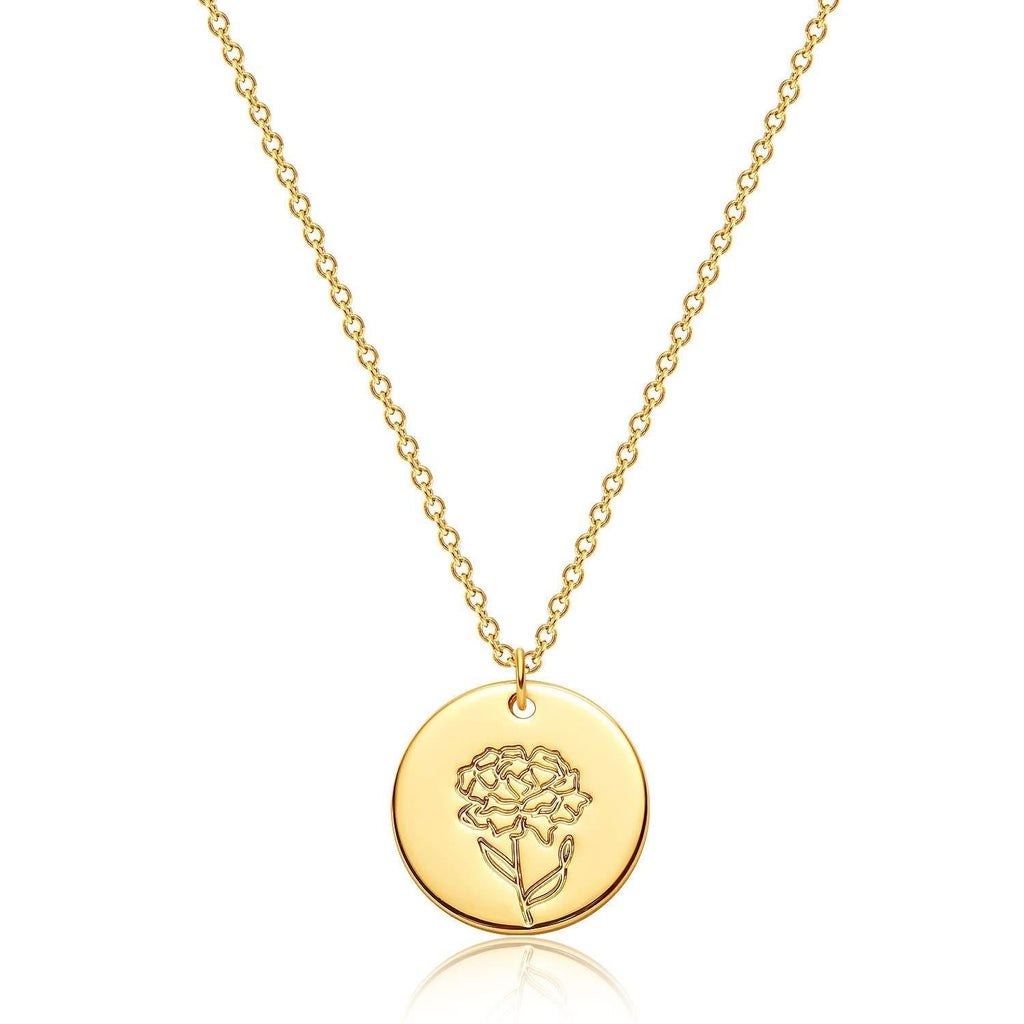 [Australia] - GUEMER 12 Birth Month Flower Pendant Necklace 18K Gold Plated Dainty Simple Month Birth Floral Disc Pendant Engrave Coin Necklace Minimalist Delicate Custom Personalized Jewelry Mom Daughter BFF Gift A:January - Carnation-Style A 