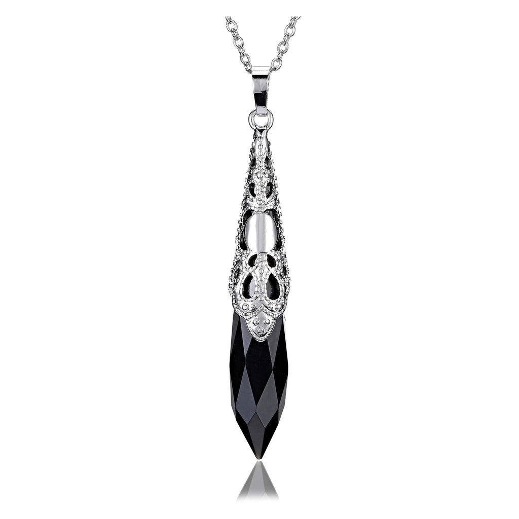 [Australia] - Top Plaza Natural Healing Crystal Stone Necklace Antique Silver Gemstone Point Pendulum Necklaces Reiki Quartz Jewelry for Women Girls Black - Obsidian 