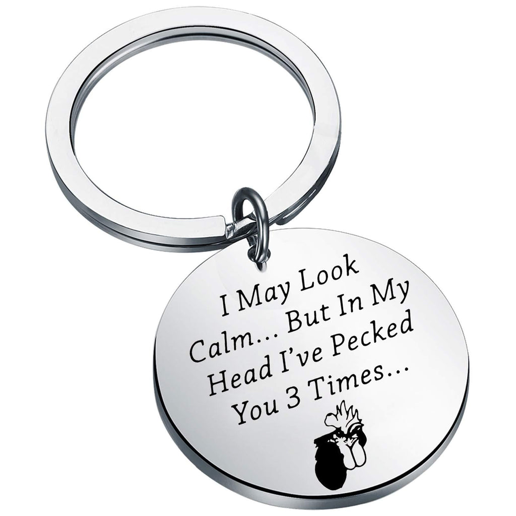 [Australia] - BEKECH Funny Calm Chicken Keychain I May Look Calm But in My Head I’ve Pecked You 3 Times Jewelry Gift for Chicken Lovers Rooster Lovers Gift silver keychain 