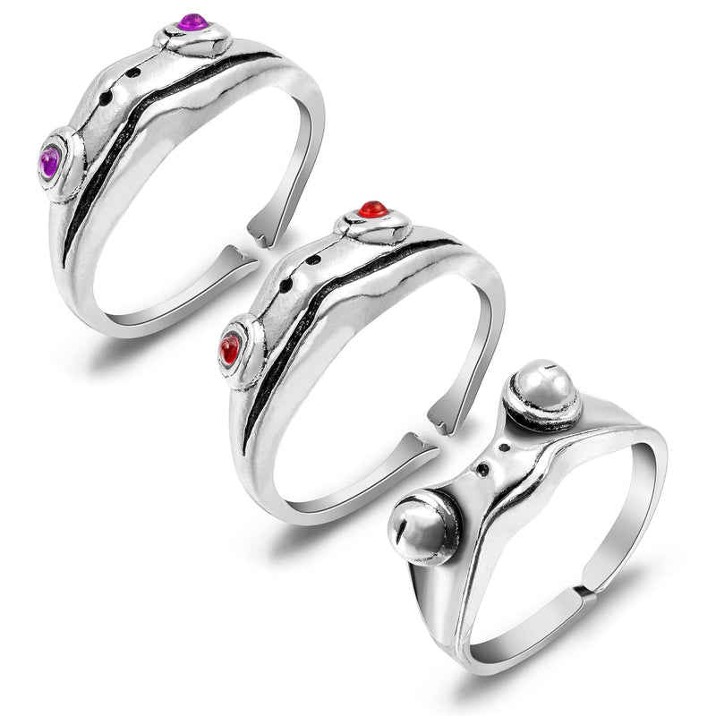 [Australia] - PANTIDE 3 Pcs Frog Open Rings Set for Women, Vintage Adjustable Alloy Animal Finger Rings, Cute Silver Frog with Red Purple Eyes Rings, Fashion Jewelry Gifts for Anniversary Birthday Valentine’s Day 