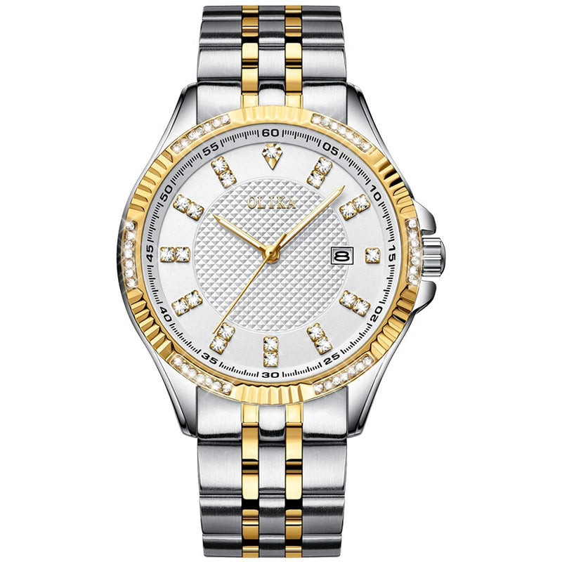 [Australia] - Olika Diamond Watches for Men, 42mm Oversized with 43 Flash Diamonds Male Dial, Luxury Business Waterproof Luminous High Hardness Mineral Surface Calendar Simple Fashion Stainless-Steel Strap Watch 