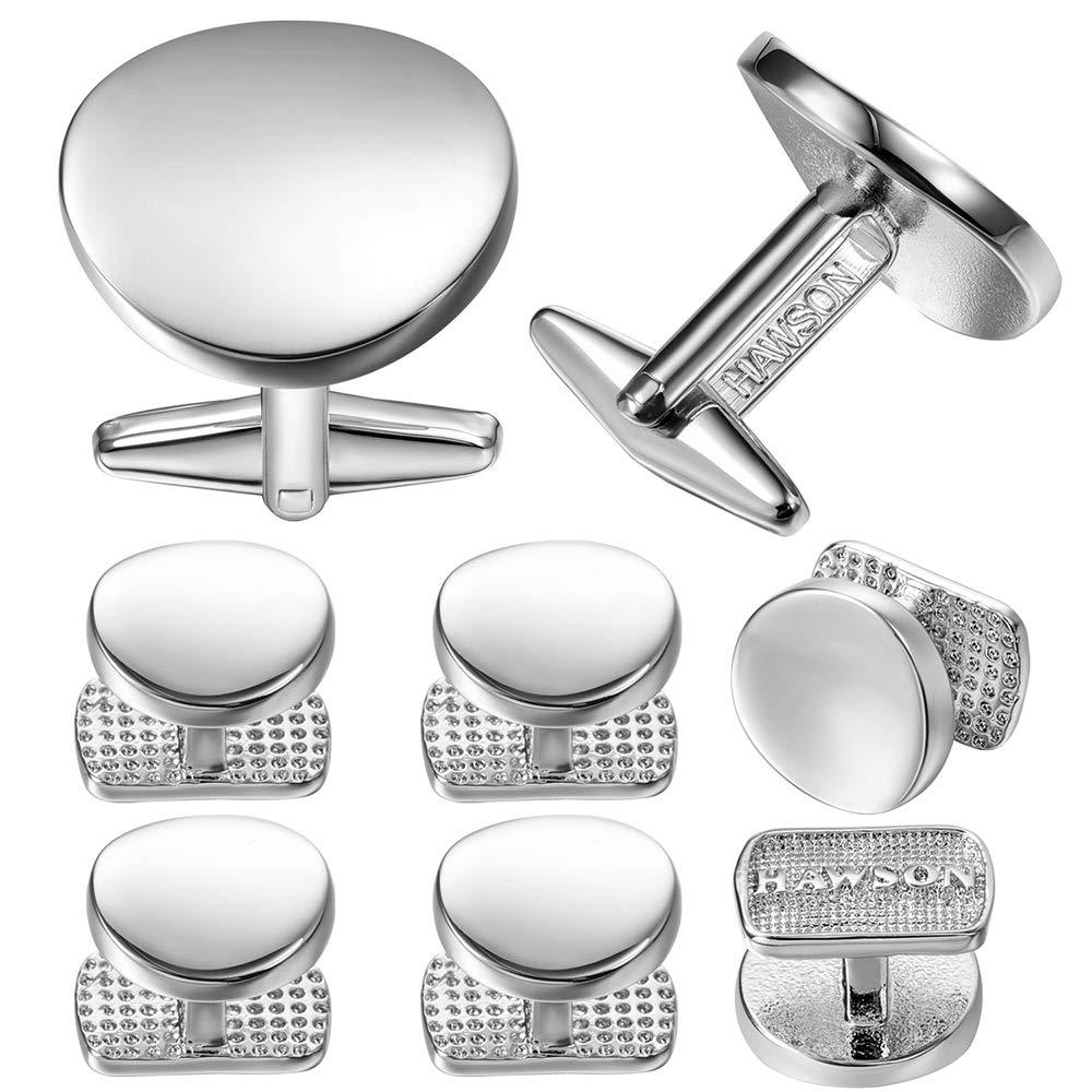 [Australia] - HAWSON Cufflinks and Tuxedo Shirt Studs Set for Men, Black Imitation Pearl Cufflinks for Men and Women Oval Silver 