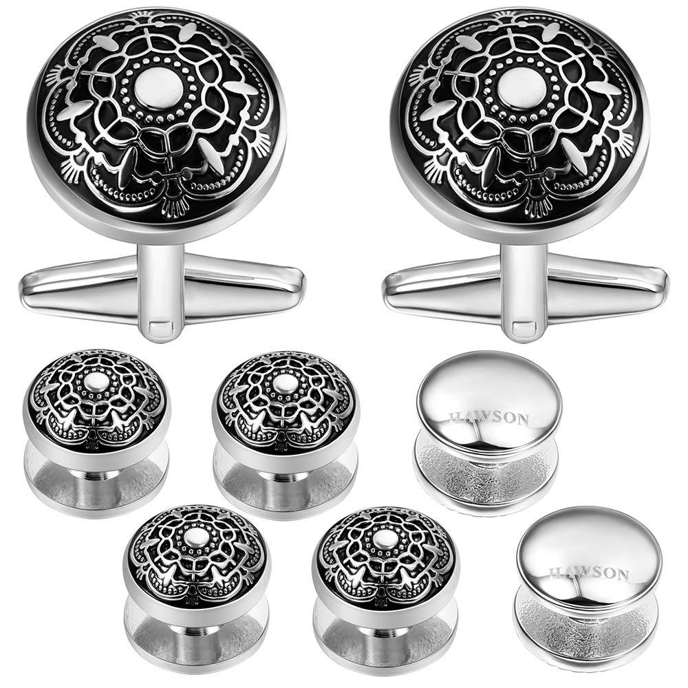 [Australia] - HAWSON Cufflinks and Tuxedo Shirt Studs Set for Men, Black Imitation Pearl Cufflinks for Men and Women Silver with Black 