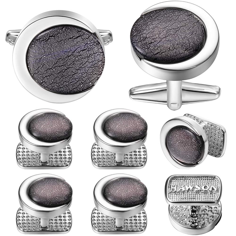 [Australia] - HAWSON Cufflinks and Tuxedo Shirt Studs Set for Men, Black Imitation Pearl Cufflinks for Men and Women Silver with Star Stone 