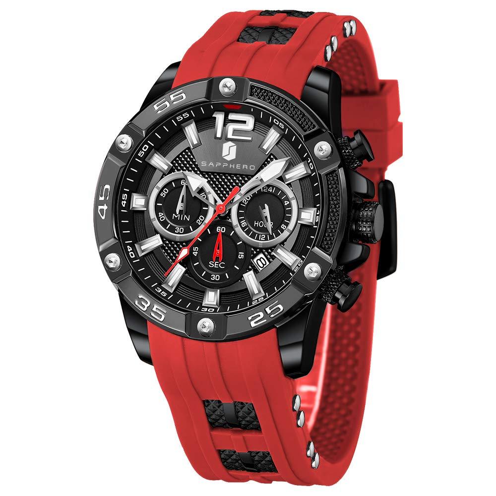 [Australia] - Watches for Men SAPPHERO Multifunction Chronograph Sport Mens Watch with Silicone Strap 3ATM Waterproof Analog Quartz Movement Fashion Business Design Best Gifts for Men red 