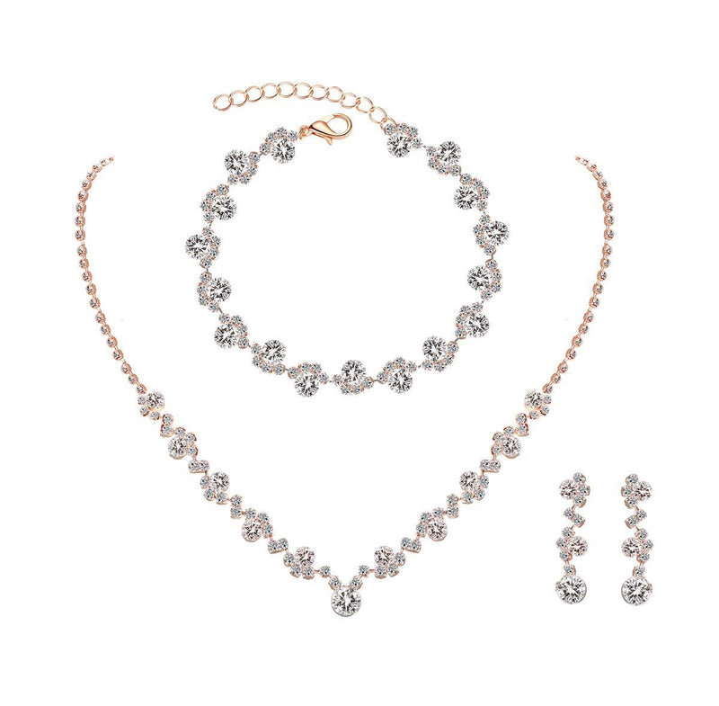 [Australia] - UDORA Crystal Rhinestone Necklace Earrings Bracelet Jewelry Set Wedding Prom Rose Gold 