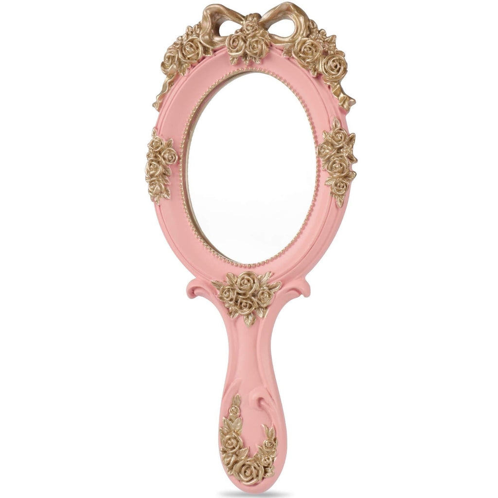 [Australia] - Makeup Hand Mirror Vintage Travel Hand Held Mirror, Pink Rose Cosmetic Mirror with Handle for Girls Resin Material Round Handheld Mirror 