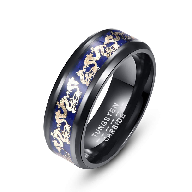 [Australia] - Merthus 8mm Men Carbon Fiber Inlay Wedding Band Black Tungsten Carbide Dragon Pinky Ring Comfort Fit Blue 8 