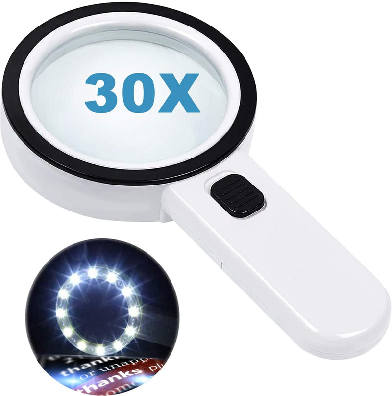[Australia] - Magnifying Glass with 12 LED Lights, 30X Double Glass Lens Handheld Illuminated Magnifier Reading Magnifying Glass with for Seniors Read, Coins, Stamps, Map, Inspection, Macular Degeneration All White 