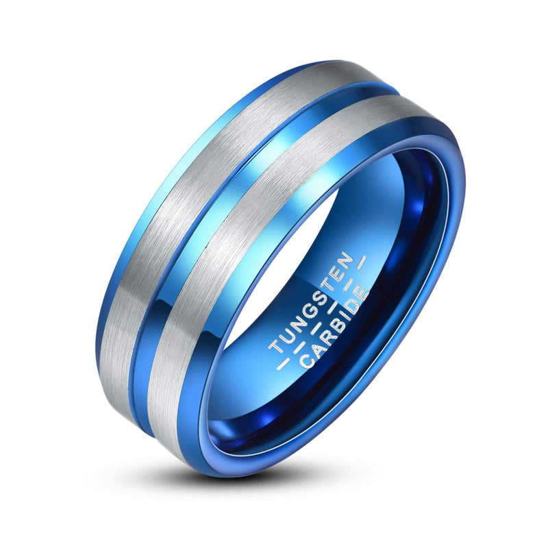 [Australia] - Merthus 8mm Men Wedding Band Blue Groove Tungsten Carbide Ring Comfort Fit Beveled Edge Silver 8 