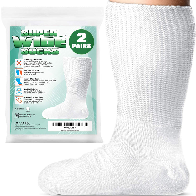 [Australia] - [2 Pairs] One Size Unisex Extra Width Socks in White for Lymphedema - Bariatric Sock - Oversized Sock Stretches up to 30'' Over Calf for Swollen Feet And Mens and Womens Legs 