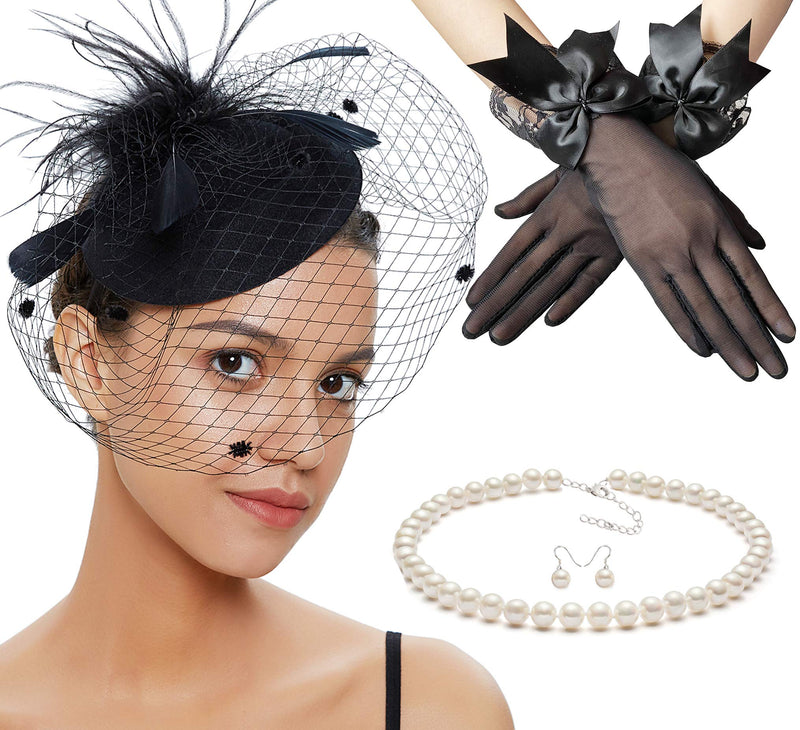 [Australia] - Gionforsy Pillbox Fascinator Veil Feather Derby Hat Lace Gloves Pearl Necklace Style 1-black 