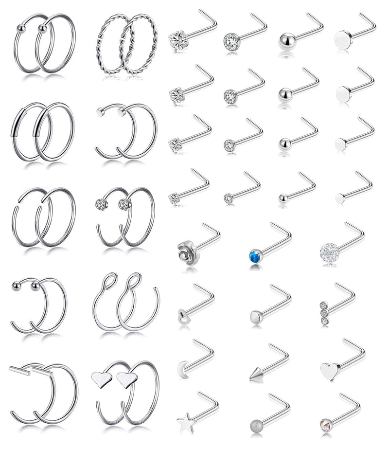 [Australia] - Tornito 20G 48Pcs Nose Rings Hoop Stainless Steel Bone L Screw Shaped Nose Studs Tragus Cartilage Nose Ring CZ Body Piercing Jewelry for Women Men A:48Pcs,L Shaped 