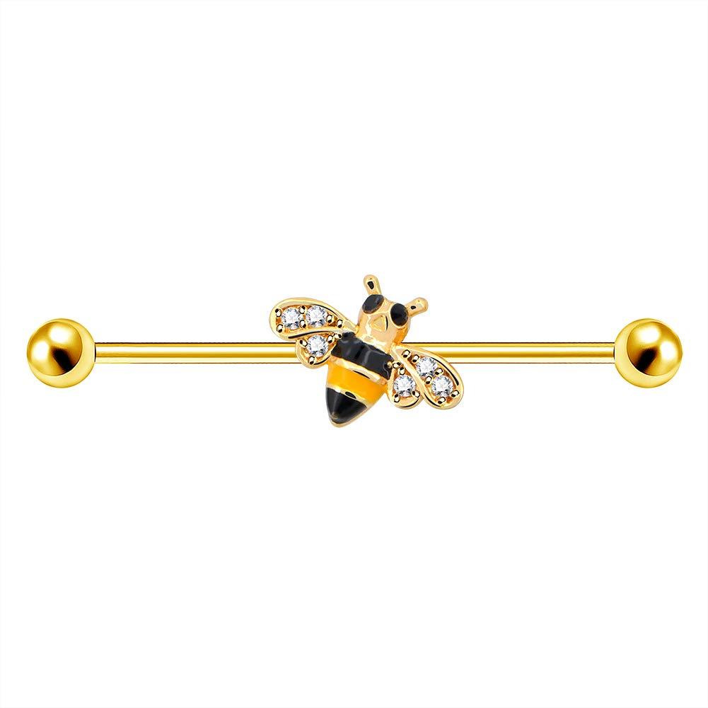 [Australia] - Jewseen Industrial Barbell Sparkling CZ Industrial Rings 14g Dainty Bee Industrial Bar Body Piercing Jewelry gold 