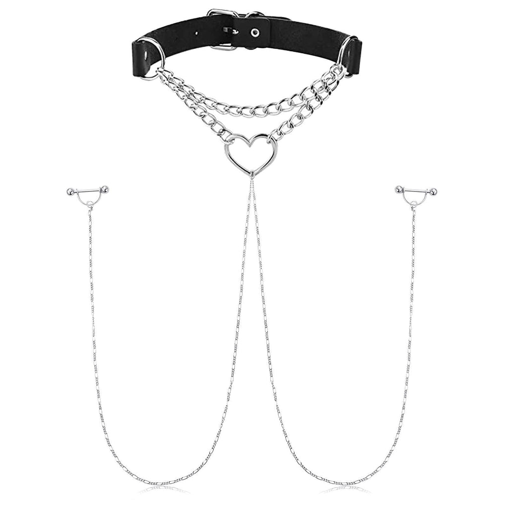 [Australia] - JFORYOU Nipple Ring with Choker Necklaces Stainless Steel Nipple Rings Chain Heart Punk Chokers for Women Nipple Barbell Piercing Jewelry Style #1 