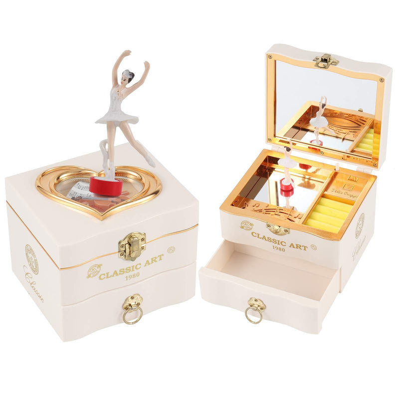 [Australia] - Brynnl Musical Jewelry Box, Ballerina Themed Girl's Musical Jewellery Storage Box White Wind Up Music Case with Drawer and Swan Lake Tune Gift for Daughter Girlfriend on Christmas Birthday Valentine's 