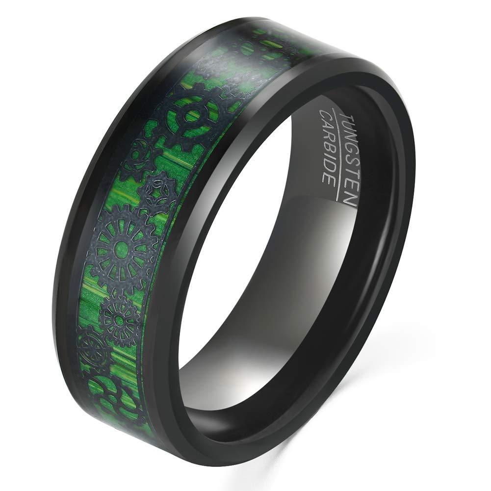 [Australia] - NUNCAD 8mm Black Tungsten Rings with Green Carbon Fiber for Men Women Steampunk Gear Wheel Inlay Beveled Edges Comfort Fit Size 7-12 