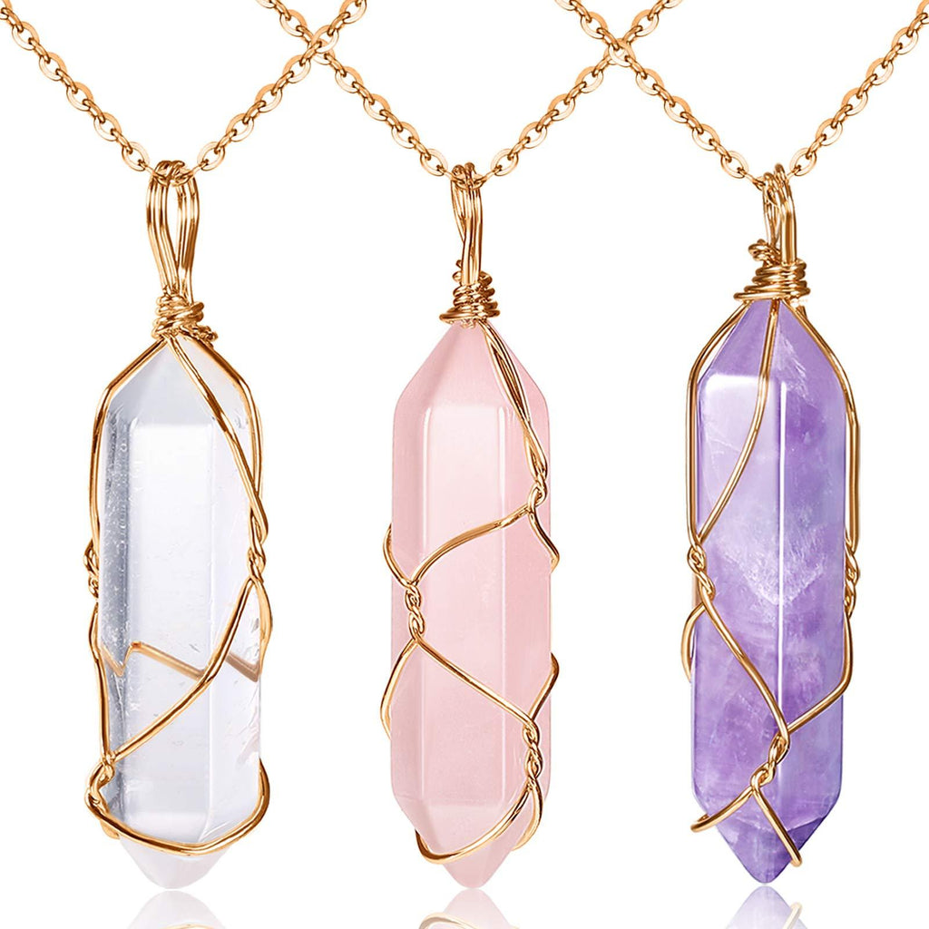 [Australia] - Yaomiao 3 Pieces Crystal Necklaces, Quartz Pendant Energy Healing Crystal Necklace Natural Hexagonal Gemstone Pendant for Women Girls Light Color with Gold Wire 