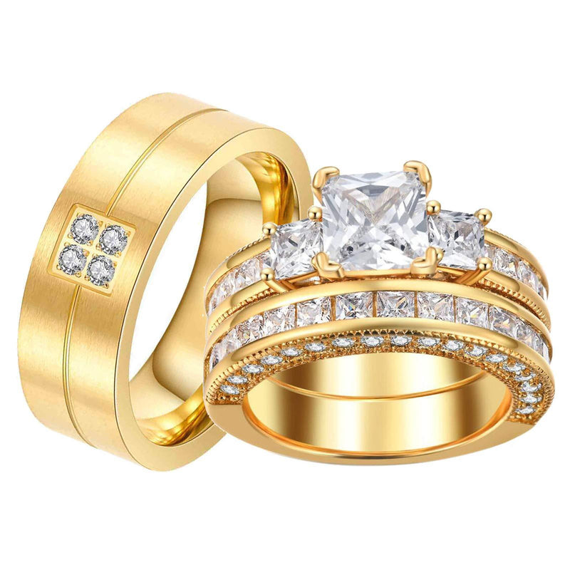 [Australia] - Ringcrown Couple Rings Yellow Gold Plated Princess 88 Cz Womens Wedding Ring Sets Titanium Steel Men Wedding Bands（Please Buy 2 Rings for 1 Pair） women(1pc) 6 