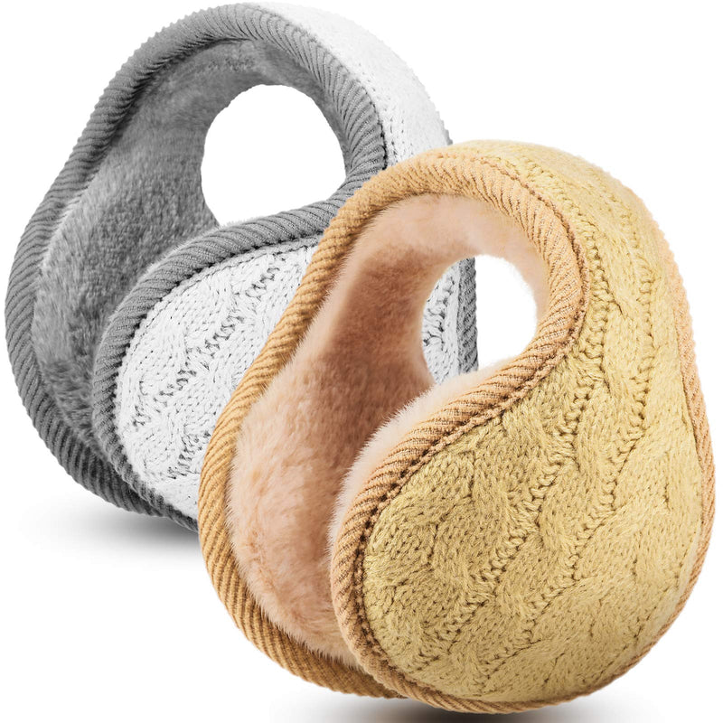 [Australia] - 2 Pieces Foldable Ear Warmers Adjustable Knitted Earmuffs with Fuzzy Fleece Lining Unisex Furry Winter Earmuffs (White and Linen Color) 