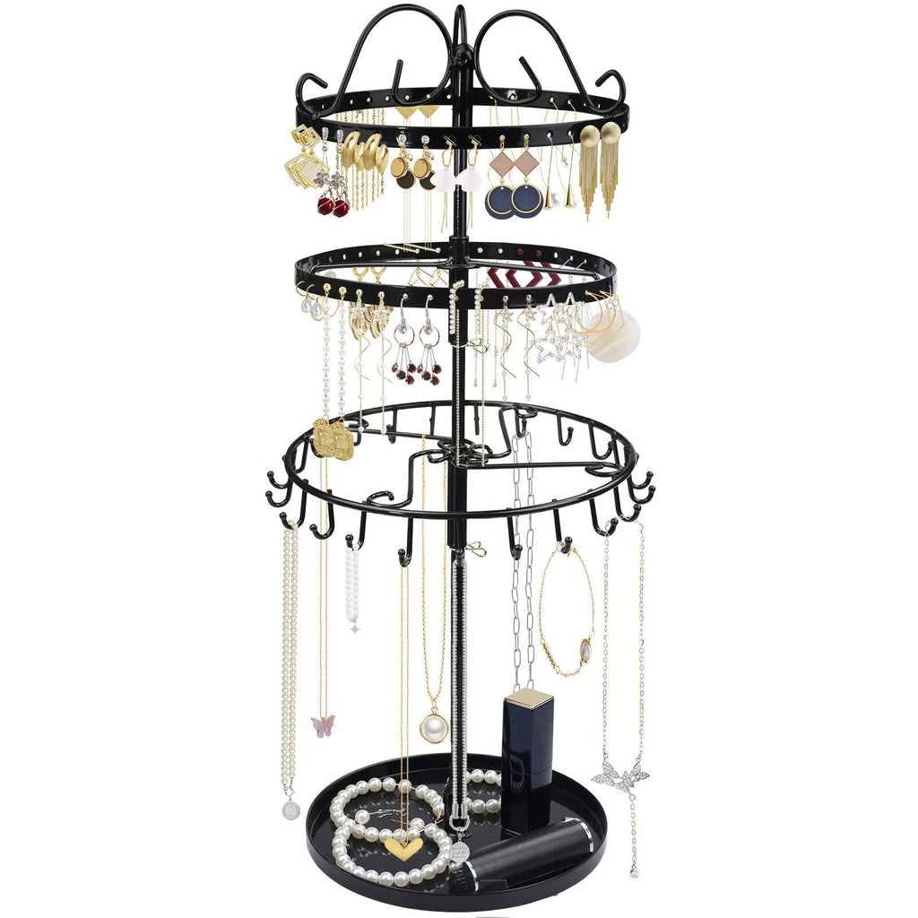 [Australia] - 3 Tiers Rotating Earring Necklace Organizer Holder, TANOKY Exquisite Metal Jewelry Display Tower Stand Necklace Hanger - 23 Hangers for Bracelets, 88 Holes for Earrings, Tray for Rings Black 