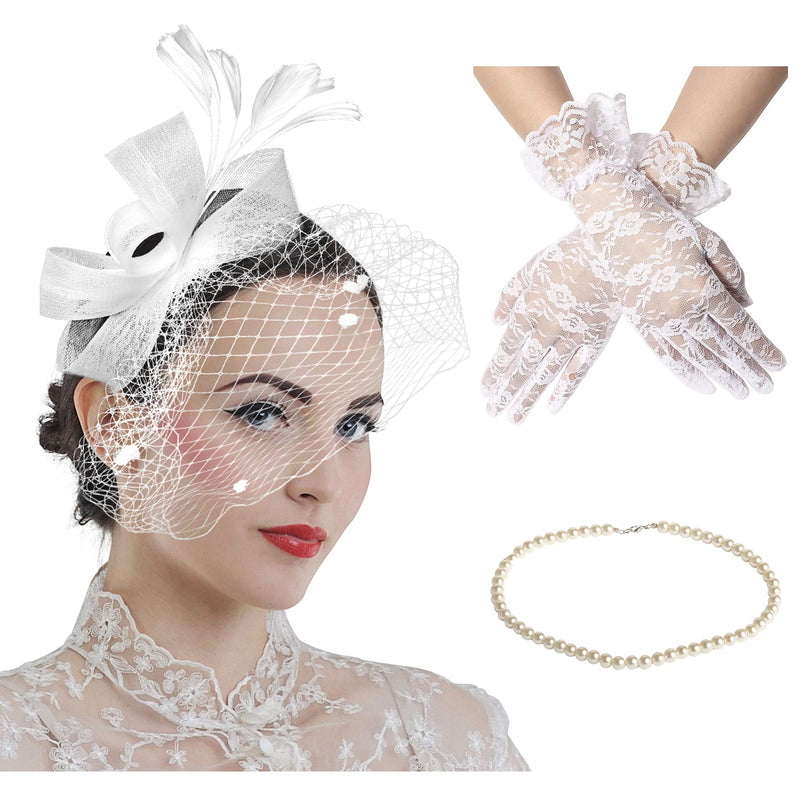 [Australia] - Veil Fascinator for Women Vintage Pillbox Hat with Short Lace Gloves Pearl Necklace Tea Party Wedding Funeral Birdcage Veil 4-white Set 