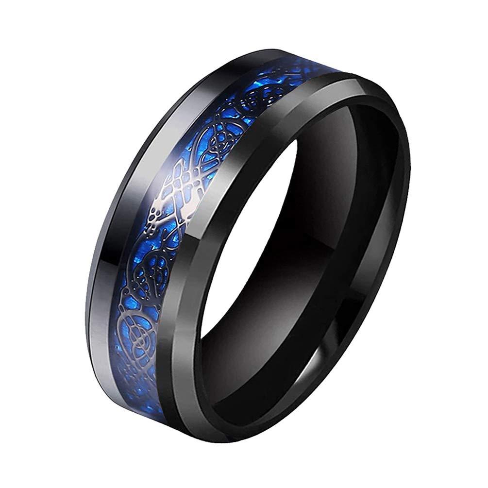 [Australia] - SWOPAN Dragon Ring Men's 8MM Dragon Pattern Beveled Edges Celtic Rings Wedding Bands Ring for Men Women Boy Stainless Steel High Polish Jewelry Gift Black/Silver/Gold/Blue/Red Comfort Fit US Size 6-13 Blue Black 