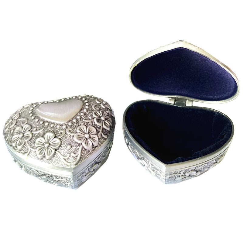 [Australia] - TANG SONG 2 Packs Small Metal Heart Shape Jewelry Box Classic Vintage Antique Ring Box Trinket Storage Organizer Chest (Silver) 